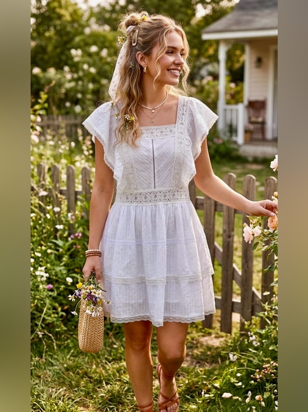Chelsea & Violet White Cotton Lace Tiered Boho Mini Dress XL NWT